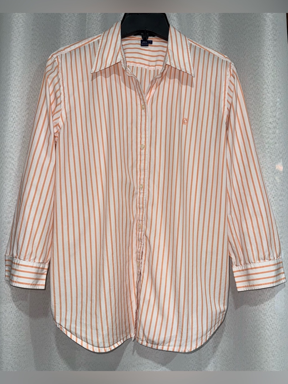 Chaps Orange White Vertical Striped Button Down Shirt L (EUC)
